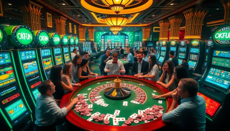 OKFUN bright slot machines attraction amidst a lively casino atmosphere with players enjoying roulette and poker.
