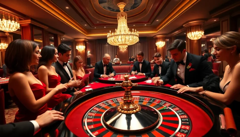 A lively casino scene featuring the keyword C168, with players at a roulette table and vibrant decor showcasing excitement.