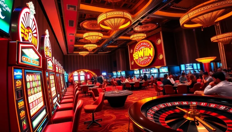 Exciting casino gaming scene at 58win with players at tables, slot machines, and vibrant atmosphere.