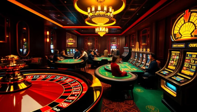 The trang chủ Go8 casino features vibrant gaming tables and slot machines, showcasing thrilling gambling excitement.