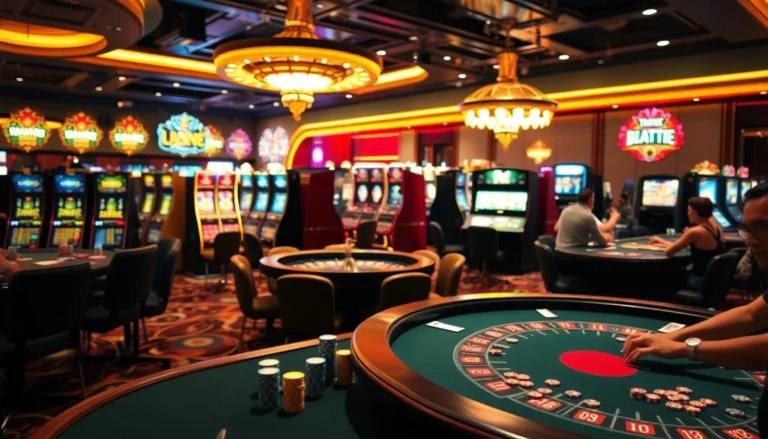 Experience the thrill of casino gaming at https://lc88.us/ with players engaged in poker and vibrant slot machines.