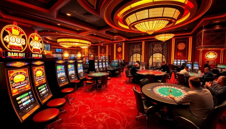 Experience the thrill of gambling at new888 with vibrant slot machines and excited players at poker tables.