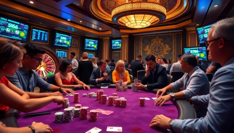 Players engage in a thrilling game of poker at a casino table with s666 chips stacked high, showcasing excitement in gaming.