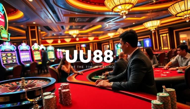UU88 Casino scene showcasing thrilling gambling activities and elegant players at tables.