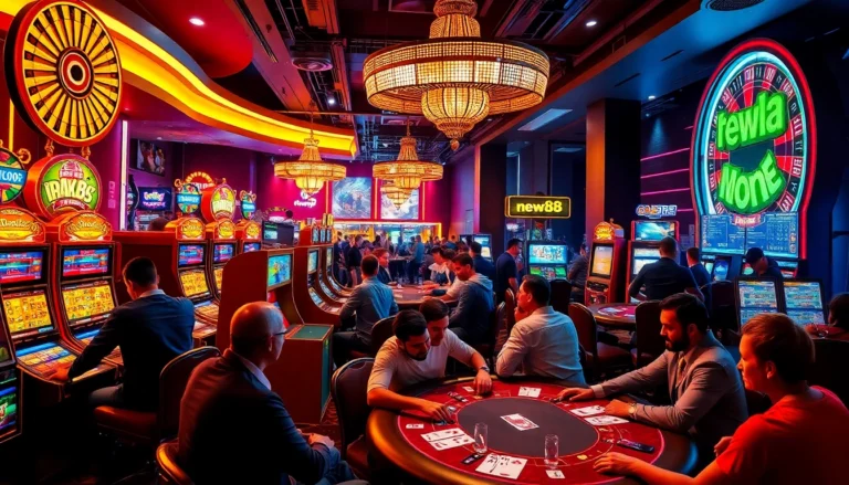Players thrillingly engage in various gambling activities at new88, surrounded by vibrant slot machines and a roulette wheel.