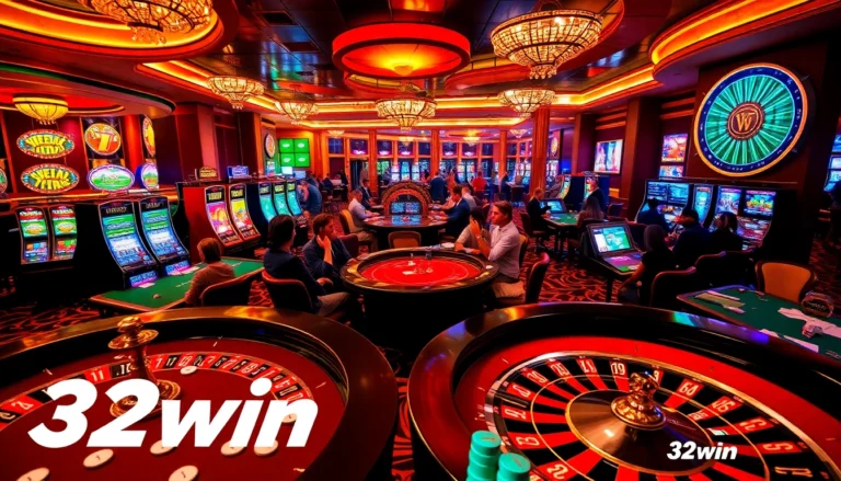 Thrilling casino experience at 32win with vibrant tables and excited players.