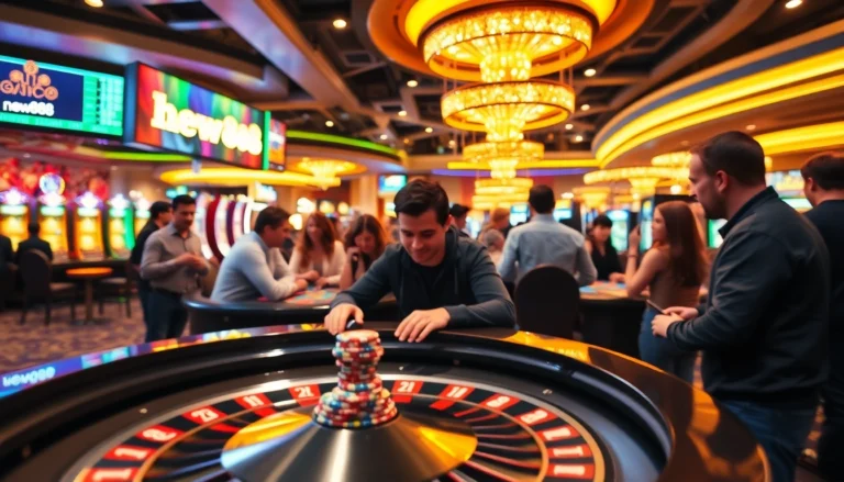 "Players betting at the roulette table at new888 Casino, surrounded by vibrant slot machines and casino excitement."