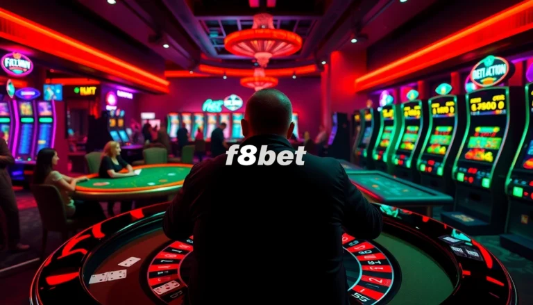 F8bet players enjoying the thrill of roulette and blackjack tables in a lively casino atmosphere.