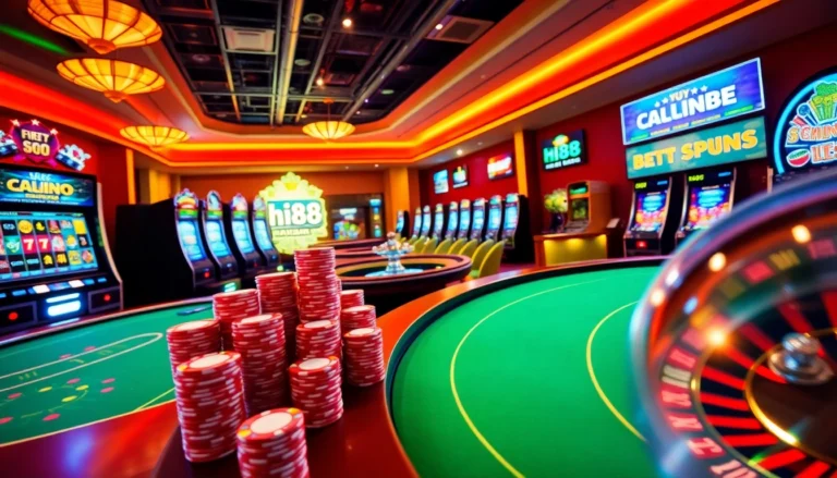 Enjoy thrilling gameplay at hi88 casino with vibrant slots, poker chips, and casino tables.