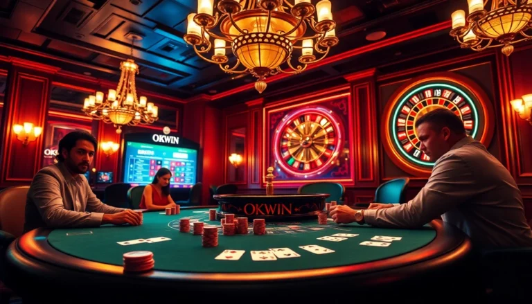 Experience OKWIN's thrilling poker atmosphere with focused players and vibrant casino elements.