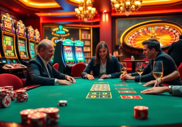 Experience thrilling gameplay at LC88 with focused players competing at a poker table in a lively casino setting.