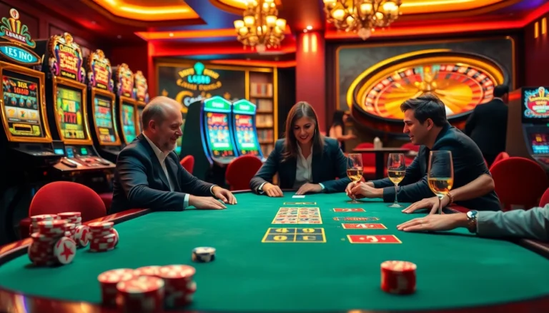Experience thrilling gameplay at LC88 with focused players competing at a poker table in a lively casino setting.